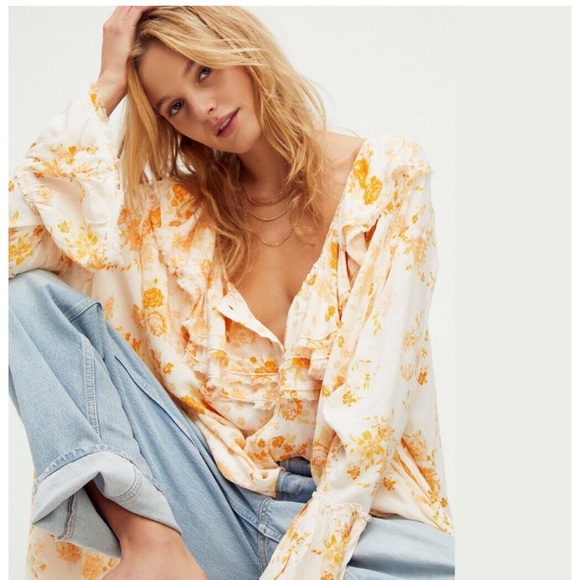 Free people loretta printed oversized tunic in tea combo orange & white xs B17 - Picture 3 of 11